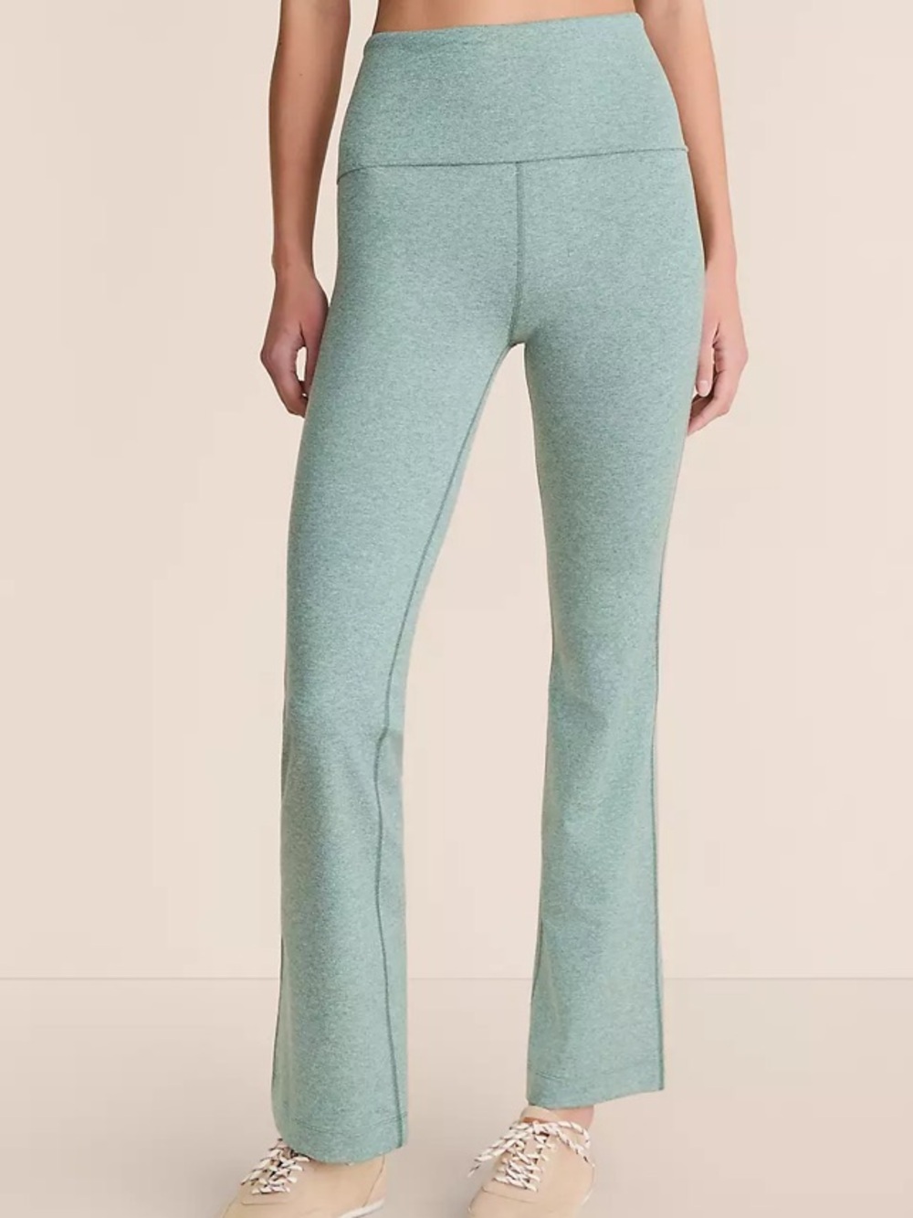Lou & Grey Heathered Brushedsoft Foldover Flare Pants Meadow Green Teal NEW